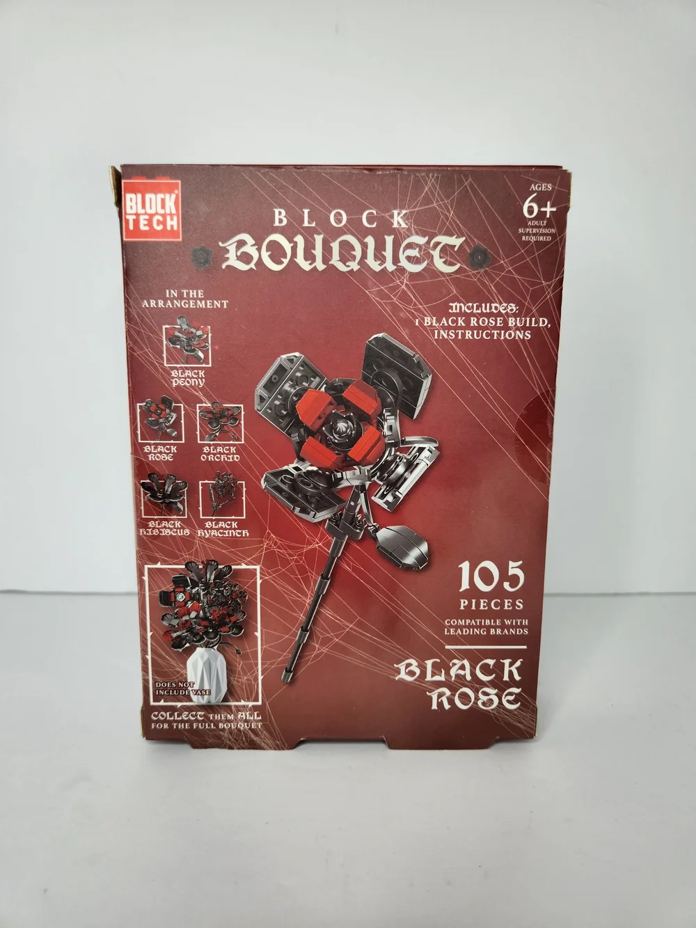 Block Tech Black Rose Block Bouquet Building Set - Red & Black, 105 Pieces